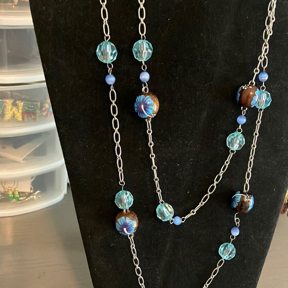 Blue and Brown Beaded Necklace with Long Chain & hand crafted bangle bundle